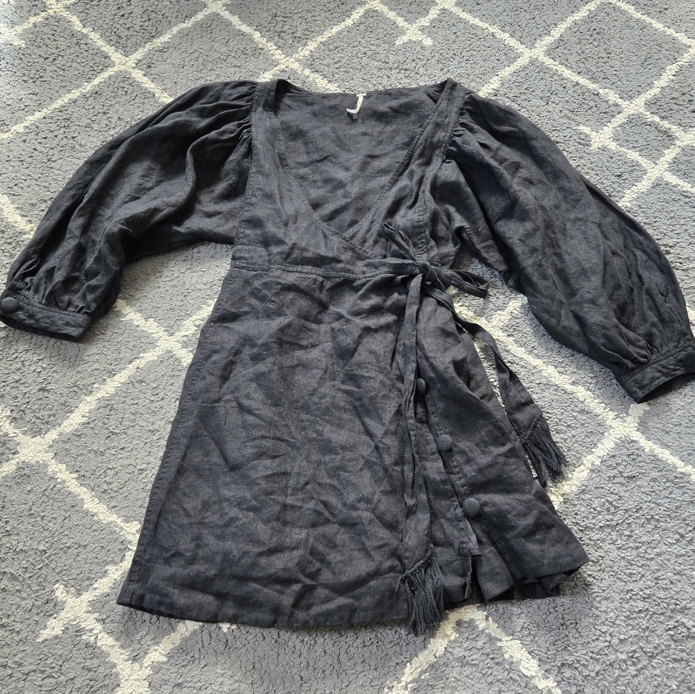FREE PEOPLE Black Linen Carino Mini Wrap Dress Small Petite - Picture 3 of 14